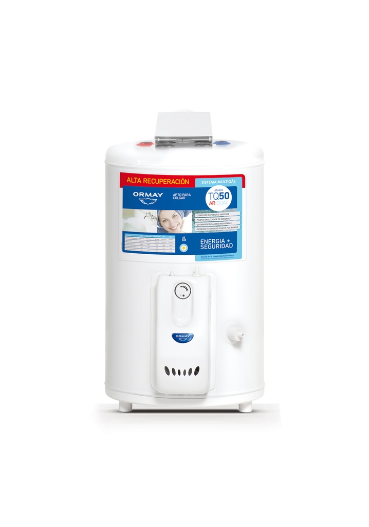  TERMOTANQUE A GAS 50 LTS - CONEXIÓN DUAL - ALTA RECUPERACIÓN - ORMAY [TQ 50 AR DUAL]