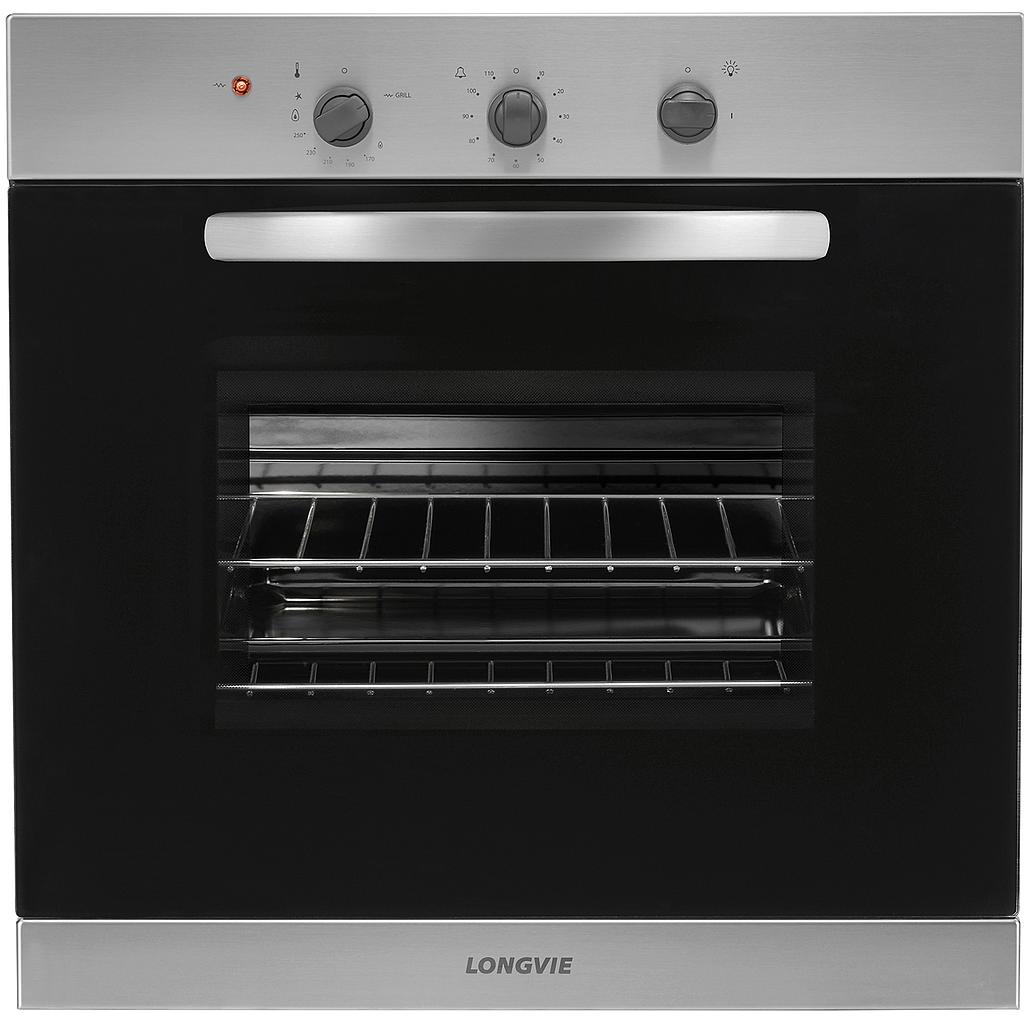 HORNO A GAS 68,5LTS - EFICIENCIA ENERGÉTICA A++ - CON GRILL, TIMER, TERMOSTATO Y ENCENDIDO ELÉCTRICO - 60X60CM - ACERO INOXIDABLE - LONGVIE [H1500XF]