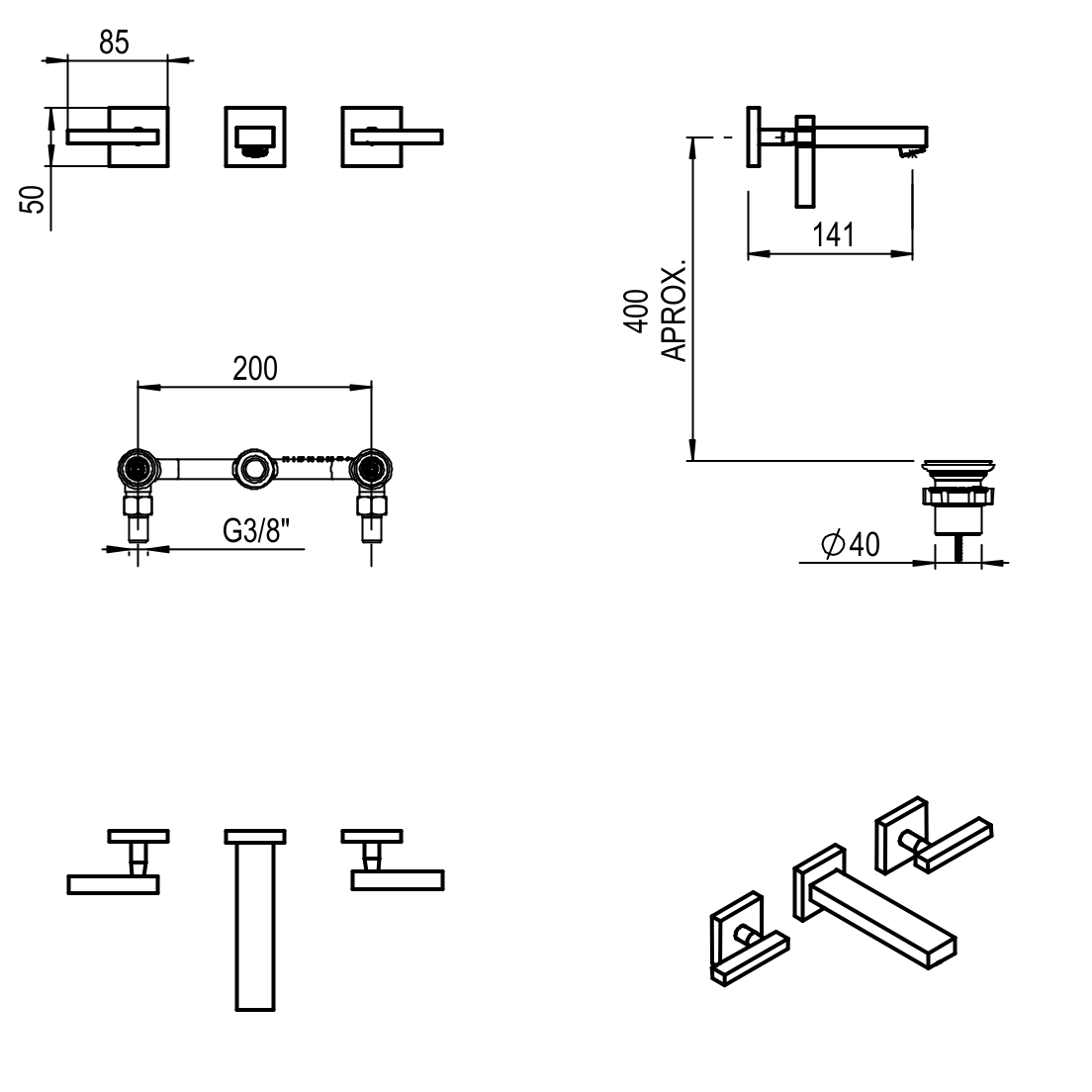 GRIFERIA BICOMANDO LAVATORIO PARED BLOCK LEVER CROMO HIDROMET – 10 AÑOS DE GARANTÍA [03490CRCR]