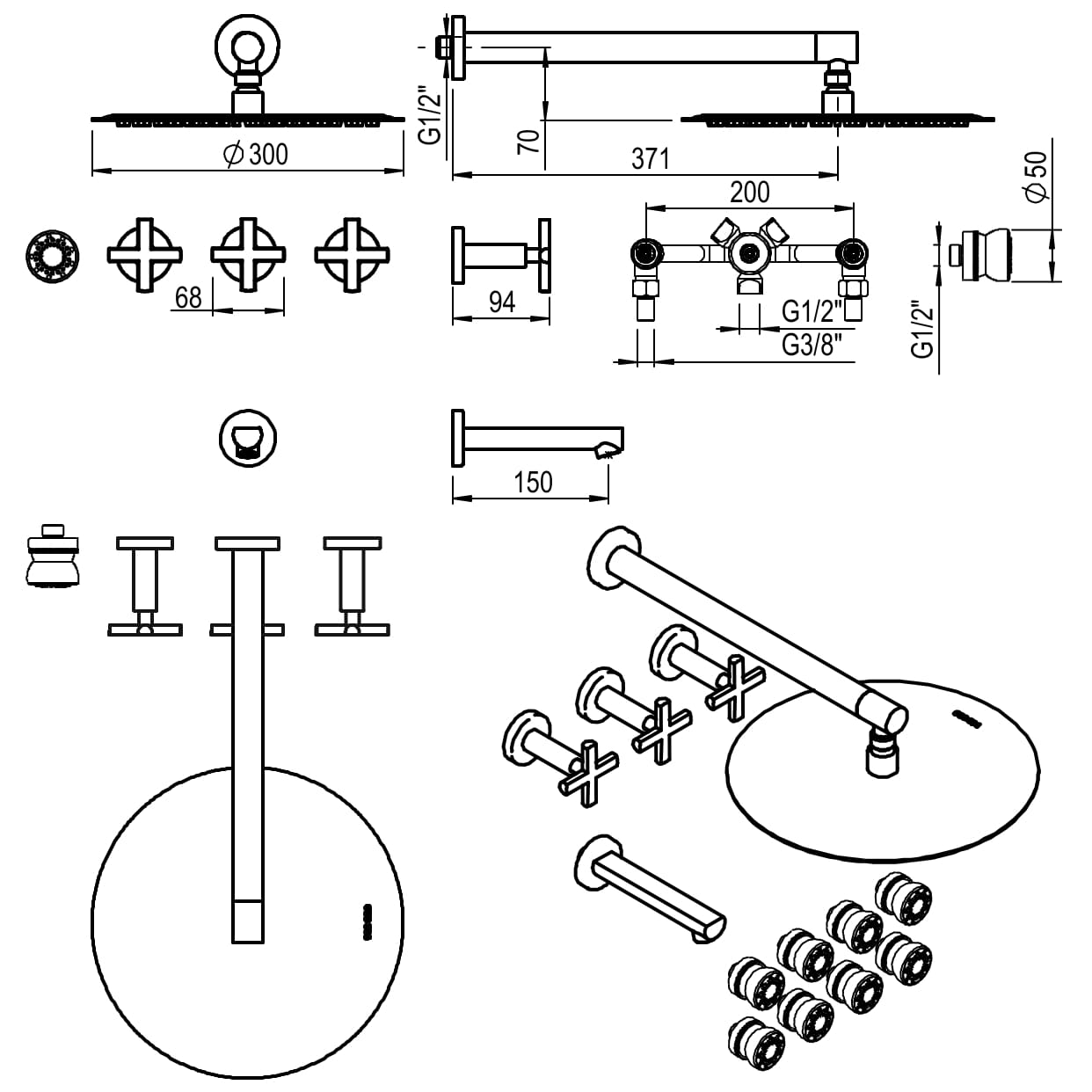 GRIFERIA BICOMANDO DUCHA CON TRANSFERENCIA 3 VIAS CON ESCOCESA FLAT CRUZ BLACK HIDROMET – 10 AÑOS DE GARANTÍA [84140NEGR]
