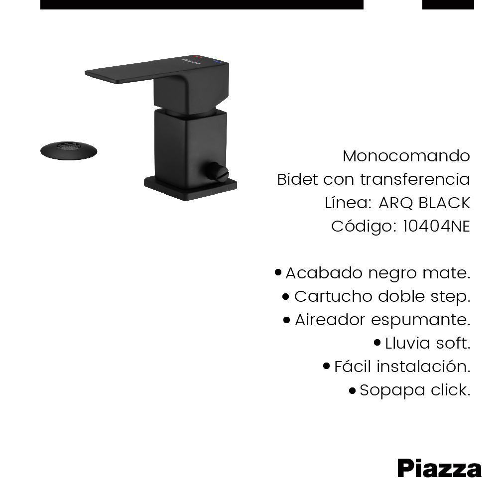 GRIFERÍA MONOCOMANDO ARQ BIDET CON TRANSFERENCIA NEGRA PIAZZA [10404NE]