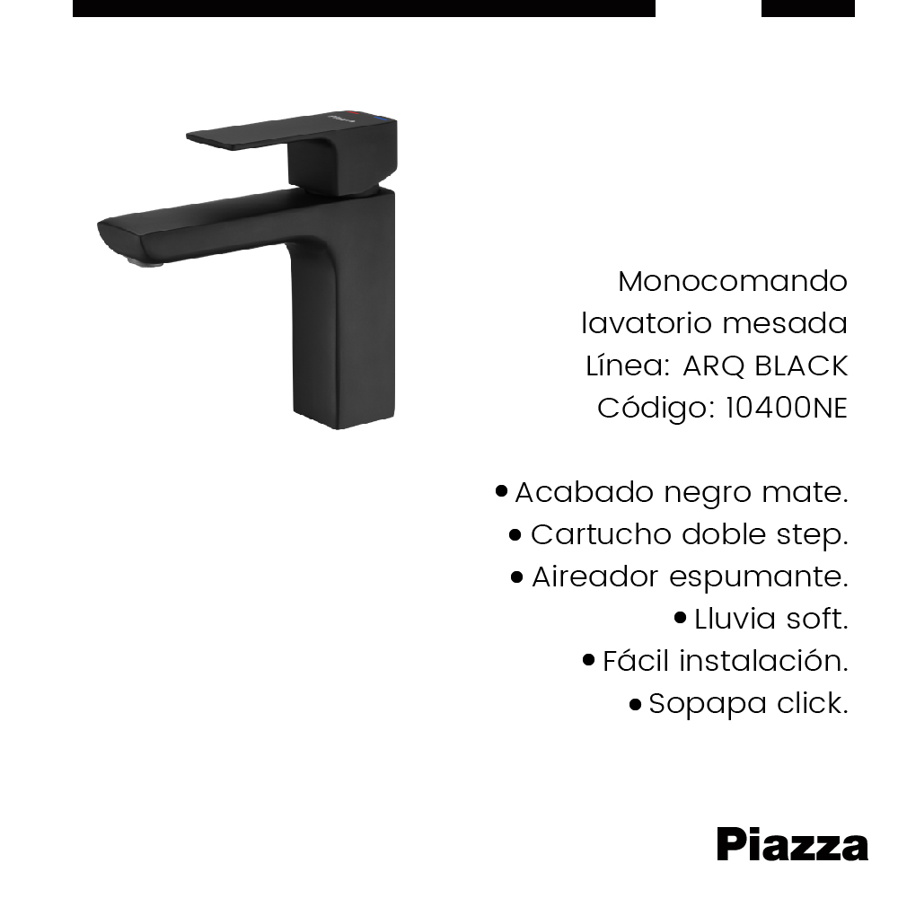 GRIFERÍA MONOCOMANDO ARQ LAVATORIO MESADA NEGRA PIAZZA [10400NE]