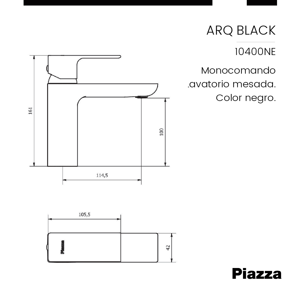GRIFERÍA MONOCOMANDO ARQ LAVATORIO MESADA NEGRA PIAZZA [10400NE]