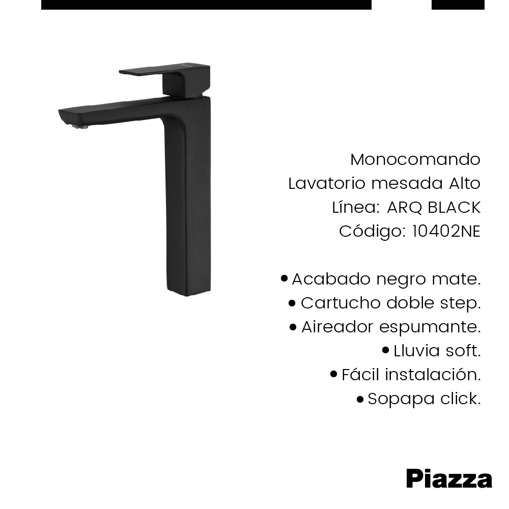 GRIFERÍA MONOCOMANDO ARQ LAVATORIO MESADA ALTO NEGRO PIAZZA [10402NE]