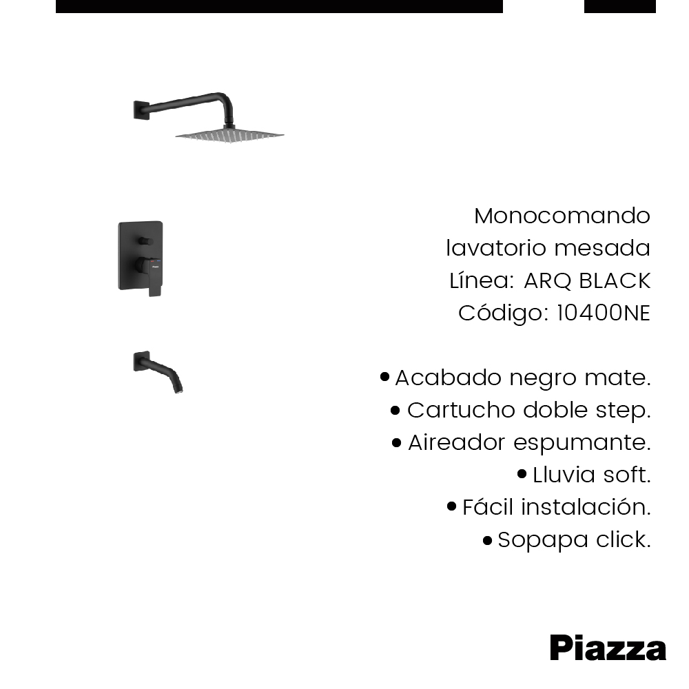 GRIFERÍA MONOCOMANDO ARQ DUCHA DE EMBUTIR CON TRANSFERENCIA NEGRO PIAZZA [10406NE]