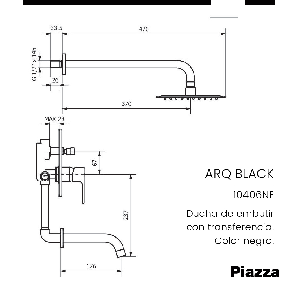 GRIFERÍA MONOCOMANDO ARQ DUCHA DE EMBUTIR CON TRANSFERENCIA NEGRO PIAZZA [10406NE]