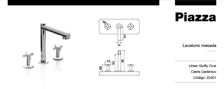 GRIFERÍA BICOMANDO CIERRE CERAMICO GUILTY CRUZ LAVATORIO MESADA PICO DE CAÑO CROMO PIAZZA [22401]