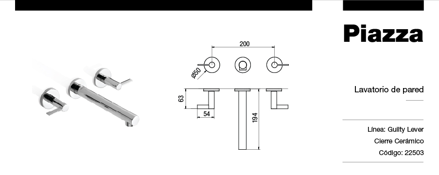 GRIFERÍA BICOMANDO CIERRE CERAMICO GUILTY LEVER LAVATORIO DE PARED CROMO PIAZZA [22503]
