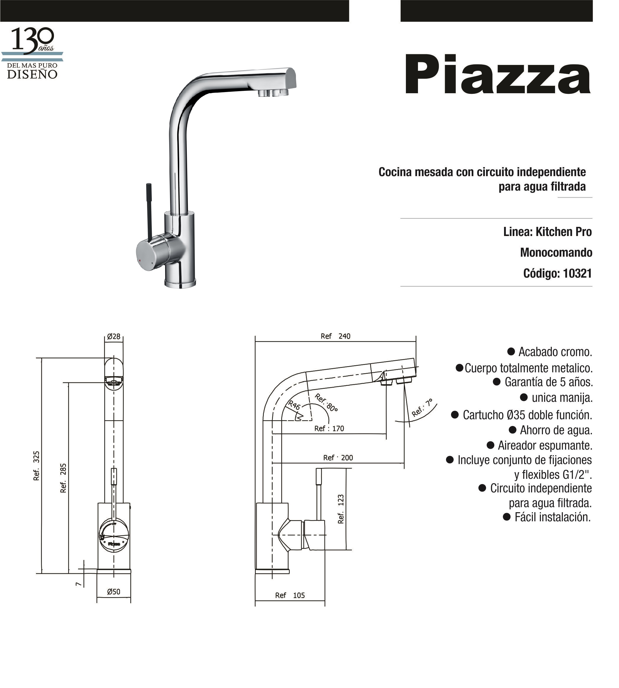 GRIFERÍA MONOCOMANDO KITCHEN PRO COCINA MESADA CON AGUA FILTRADA CROMO PIAZZA [10321]