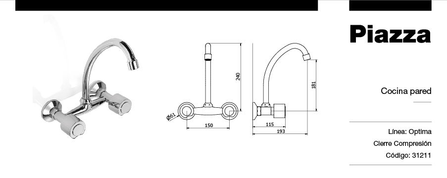 GRIFERÍA BICOMANDO CONVENCIONAL OPTIMA COCINA PARED DOS LLAVES CROMO PIAZZA [31211]