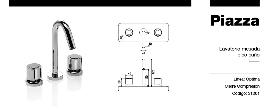 GRIFERÍA BICOMANDO CONVENCIONAL OPTIMA LAVATORIO MESADA PICO DE CAÑO CROMO PIAZZA [31201]