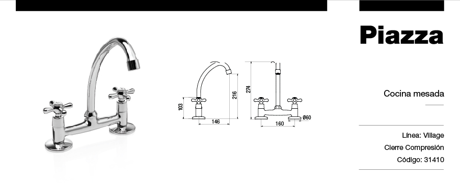 GRIFERÍA BICOMANDO CONVENCIONAL VILLAGE COCINA MESADA DOS LLAVES CROMO PIAZZA [31410]