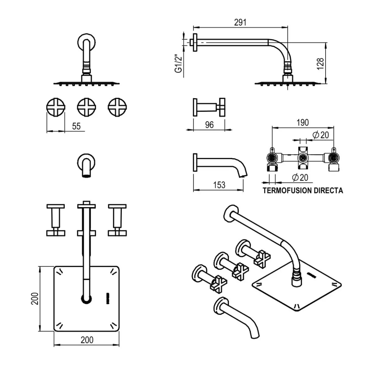 GRIFERIA BICOMANDO DUCHA 2 VIAS CON TRANSFERENCIA CON DUCHADOR LOOK CRUZ BLACK HIDROMET – 10 AÑOS DE GARANTÍA [31163NEGR]