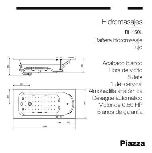 BAÑERA HIDROMASAJE DE LUJO 1500mm PIAZZA [BH150L]