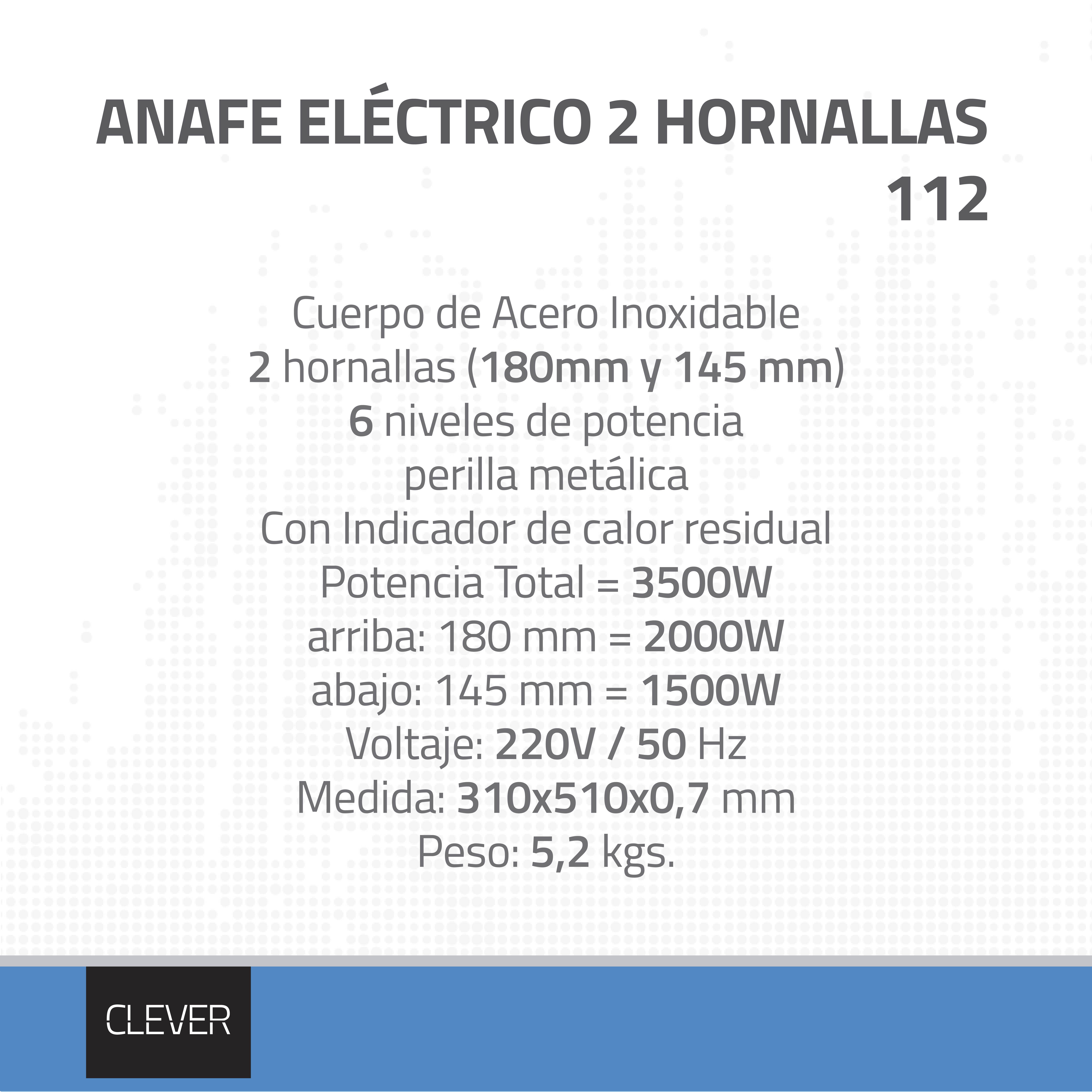 ANAFE ELECTRICO ACERO INOXIDABLE  2 HORNALLAS  - CLEVER