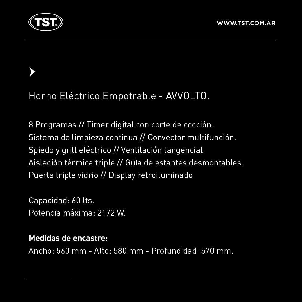 HORNO ELECTRICO EMPOTRABLE AVVOLTO 60lts - NEGRO - TST [31-60]