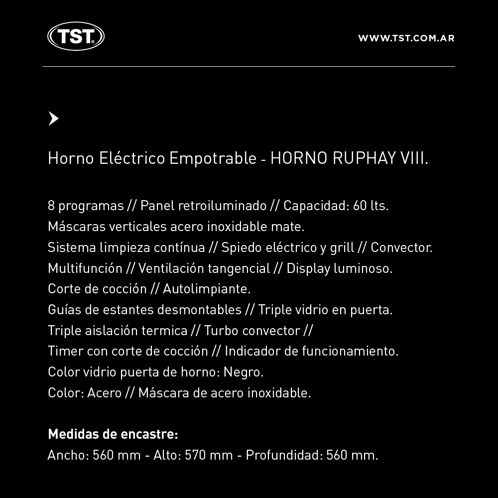 HORNO ELECTRICO EMPOTRABLE RUPHAY VIII 60lts - INOXIDABLE - TST [30-60]