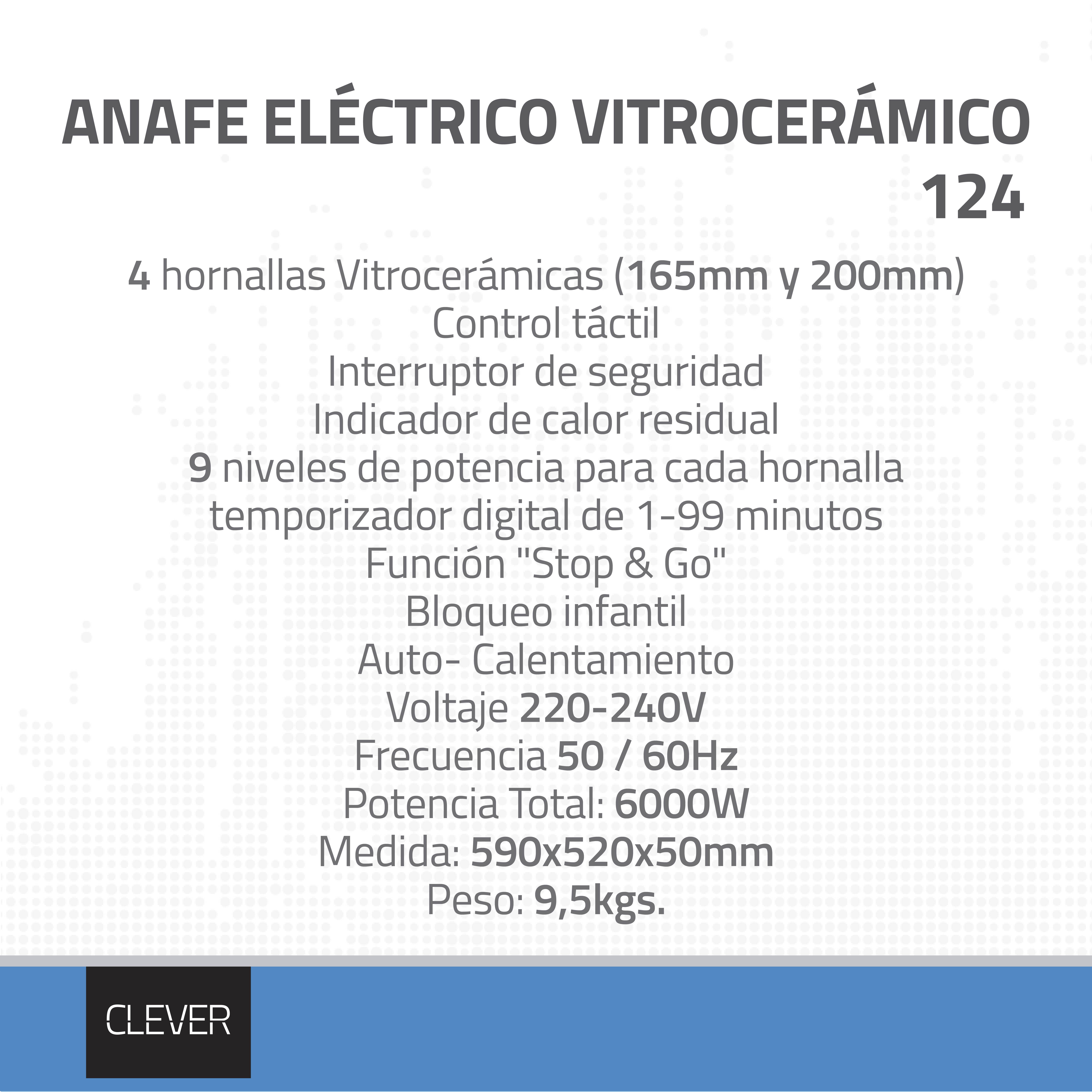 ANAFE ELECTRICO VITROCERAMICO CLEVER - 4 HORNALLAS