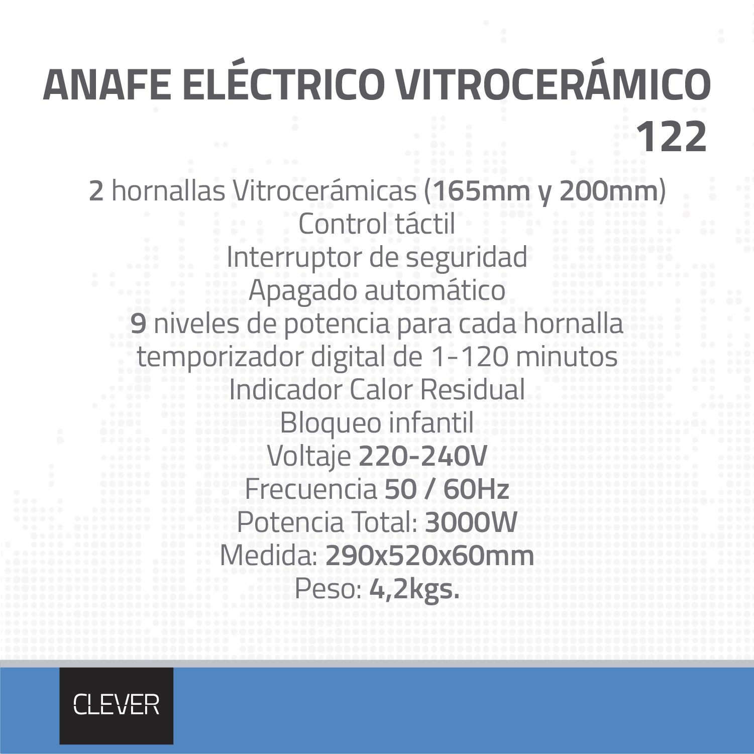 ANAFE ELECTRICO VITROCERAMICO CLEVER - 2 HORNALLAS