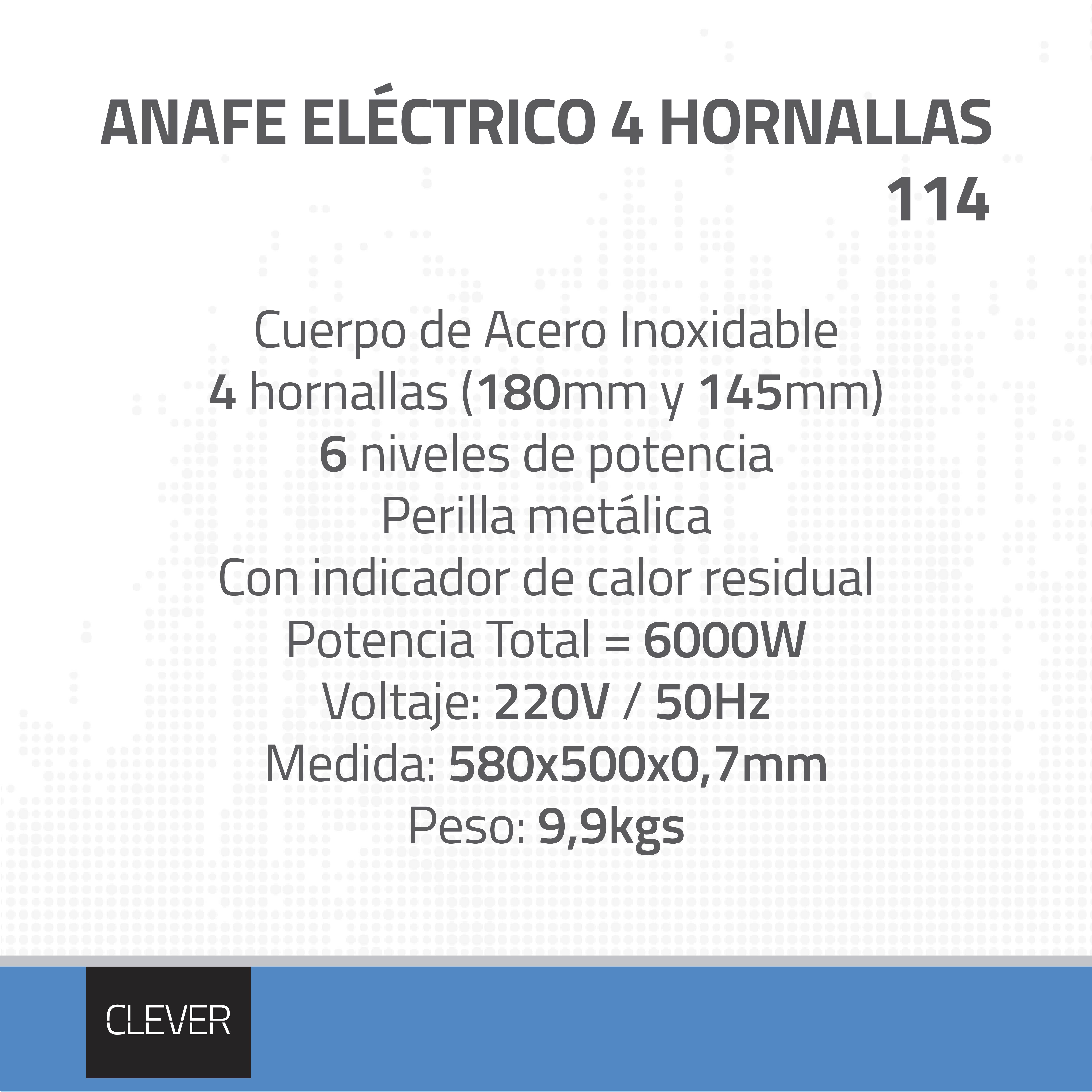 ANAFE ELECTRICO ACERO INOXIDABLE 4 HORNALLAS - CLEVER