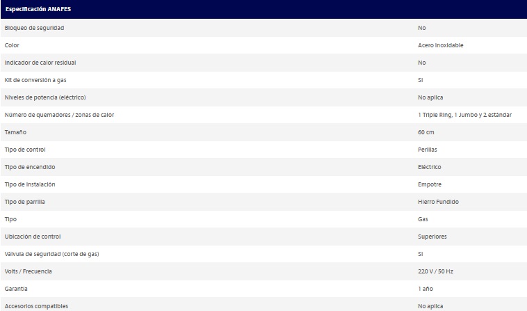 ANAFE A GAS 4 HORNALLAS 60cm ACERO INOXIDABLE - DREAN [AGDR60EIA]