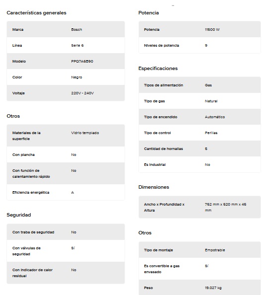 ANAFE A GAS 5 HORNALLAS NEGRO CON PARRILLAS DE HIERRO - BOSCH [PPQ7A6B90]