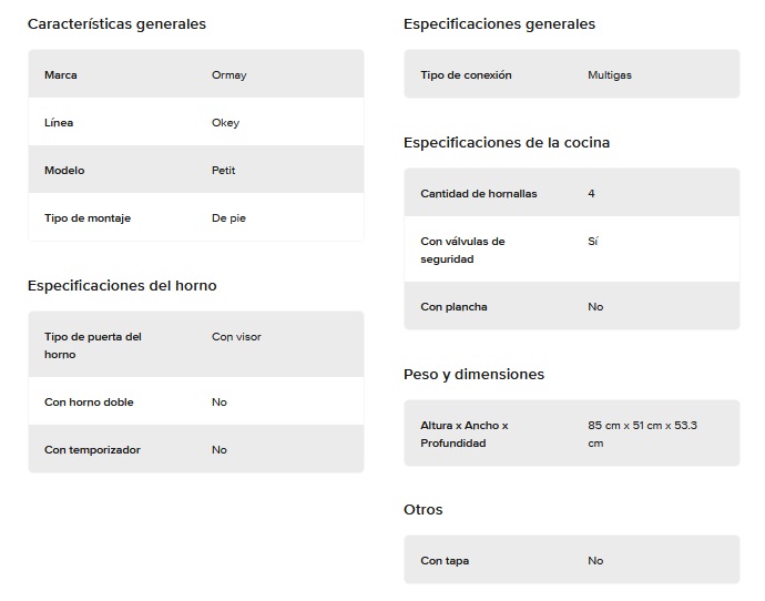 COCINA MULTIGAS 4 HORNALLAS CON REJILLAS ESMALTADAS - EFICIENCIA ENERGÉNITCA A+  - CRISTAL TEMPLADO - BLANCO - ORMAY [PETIT BLANCA]