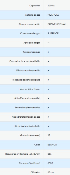   TERMOTANQUE A GAS 115 LTS - CONEXIÓN SUPERIOR - ORMAY [TQ 110] 