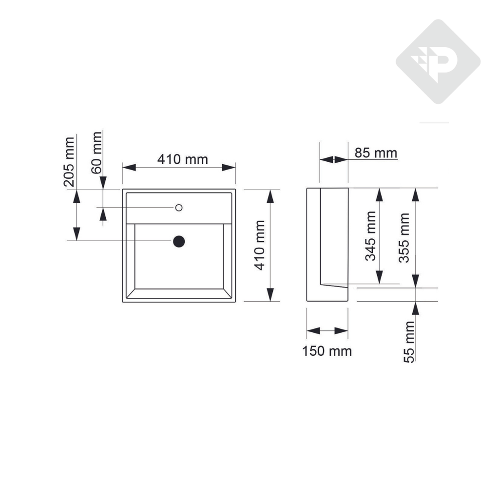 BACHA DE PORCELANA DE EMPOTRAR 410x410x150 mm - 1 AGUJERO PIAZZA [A173C]