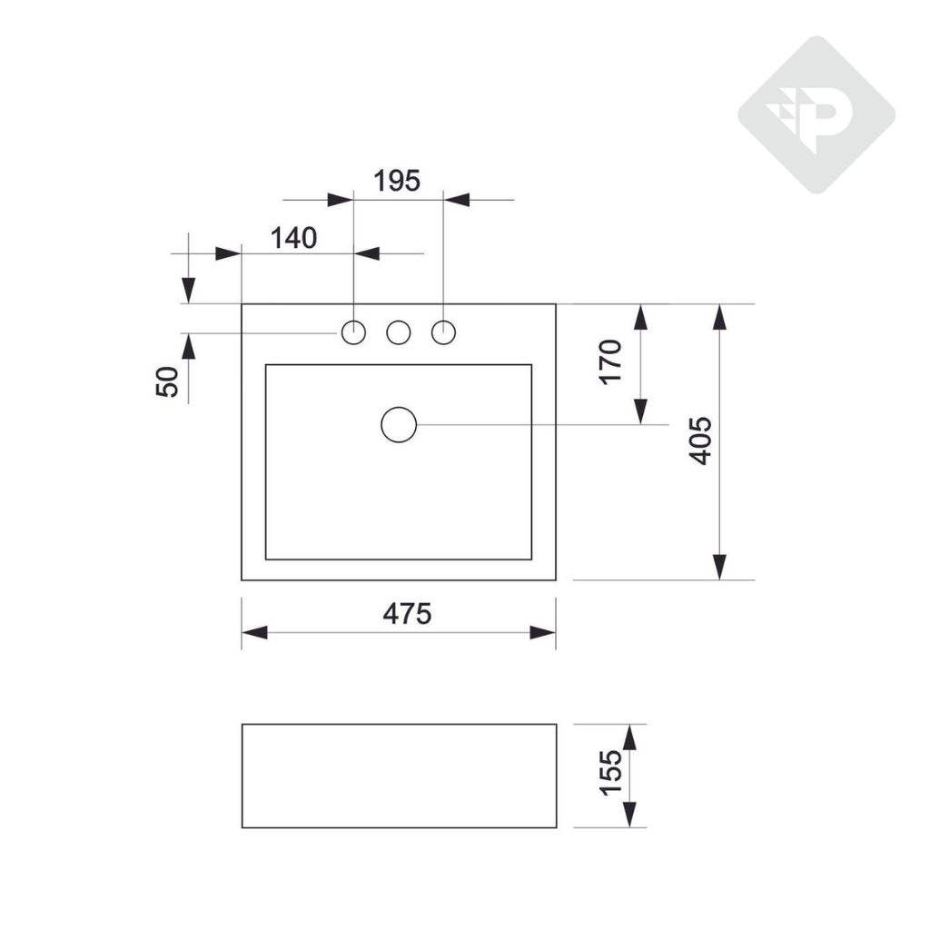 BACHA APOYO 475x405x155mm - 3 AGUJEROS PIAZZA [A117/3]