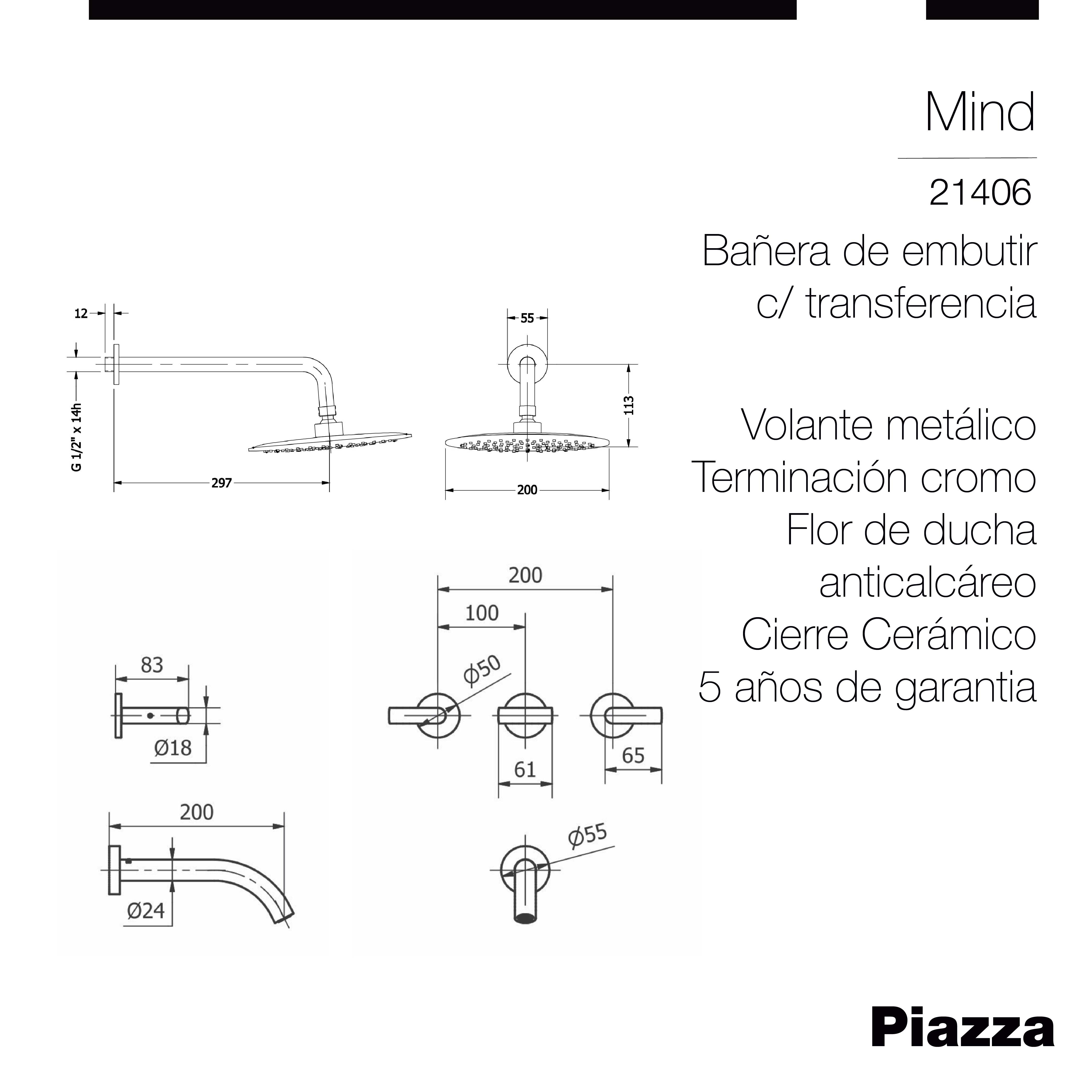 GRIFERIA DUCHA EMBUTIR PIAZZA MIND - CON TRANSFERENCIA - CIERRE CERAMICO - 5 AÑOS DE GARANTIA