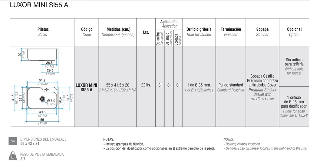 PILETA SIMPLE LUXOR MINI SI55 - ACERO 304  -  JOHNSON [LUXOR SI55 A]