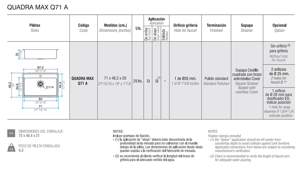 PILETA SIMPLE  LUXOR QUADRA MAX Q71 ACERO -  JOHNSON [QUADRA MAX Q71]