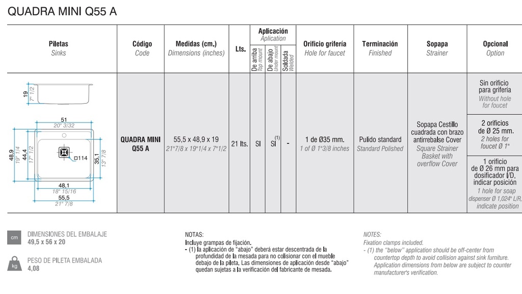 PILETA SIMPLE LUXOR QUADRA MINI Q55 - ACERO 304  - JOHNSON [Q 55]