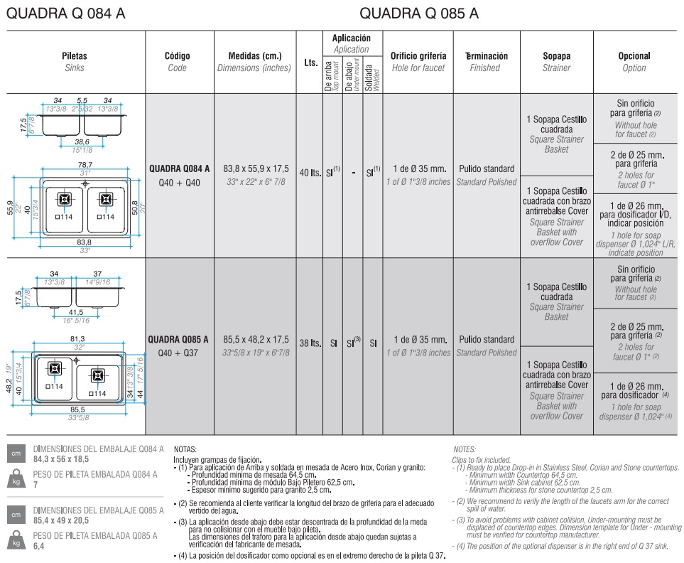 PILETA DOBLE QUADRA Q085 A - ACERO 304  - JOHNSON [Q 085 A]