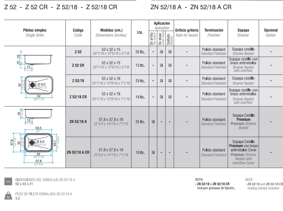 PILETA SIMPLE Z 52 - SOPAPA
CESTILLO ACERO -  JOHNSON [Z 52/18]