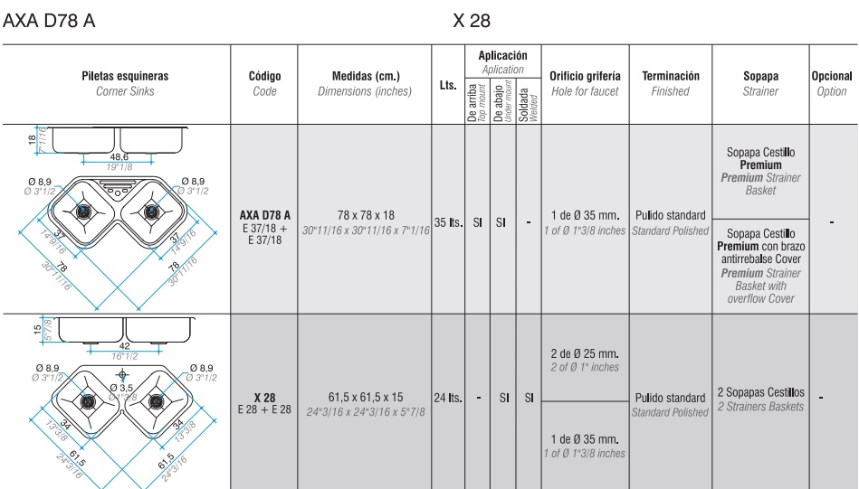 PILETA DOBLE X 28 - ACERO 304  - JOHNSON [X 28]