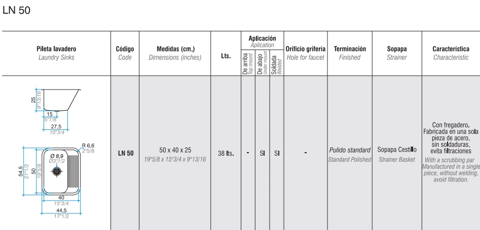 PILETA SIMPLE LN 50 - SOPAPA
CESTILLO - ACERO 304  - JOHNSON [LN 50]