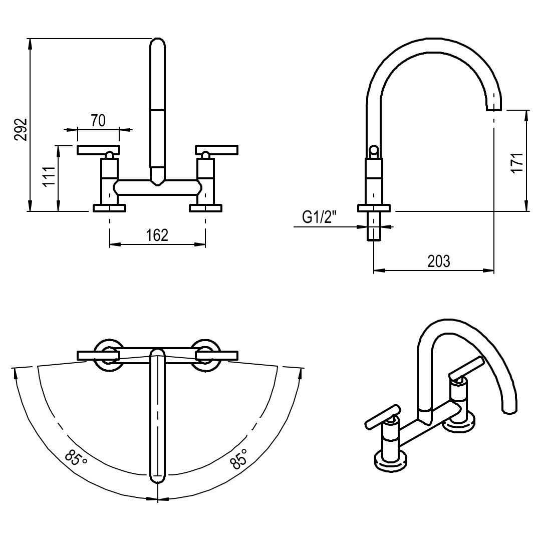 GRIFERIA MESADA COCINA BICOMANDO SUN LEVER HIDROMET - PICO CURVO - CROMO - 10 AÑOS DE GARANTIA