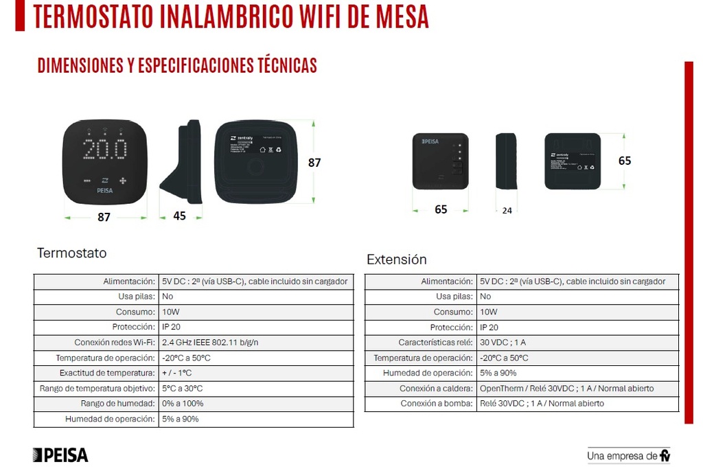 TERMOSTATO DE AMBIENTE DIGITAL INALAMBRICO WIFI DE MESA - PEISA [10002001]