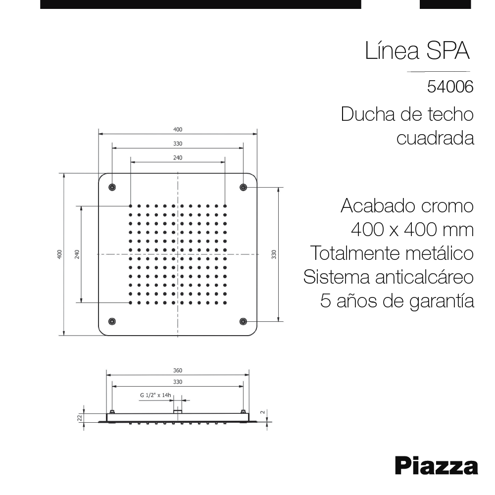 FLOR DUCHA SPA PIAZZA RECTANGULAR - 40 CENTIMETROS. - TECHO - ANTICALCAREA - 5 AÑOS DE GARANTIA