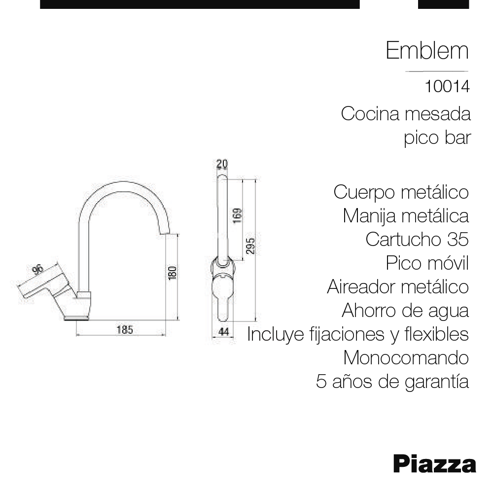 GRIFERIA COCINA MONOCOMANDO MESADA PICO BAR PIAZZA EMBLEM - 5 AÑOS DE GARANTIA