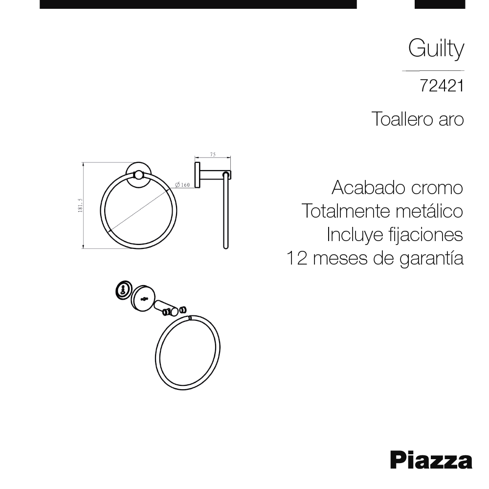 TOALLERO ARO BAÑO PIAZZA GUILTY - CROMADO - PERCHERO - 1 AÑO DE GARANTIA