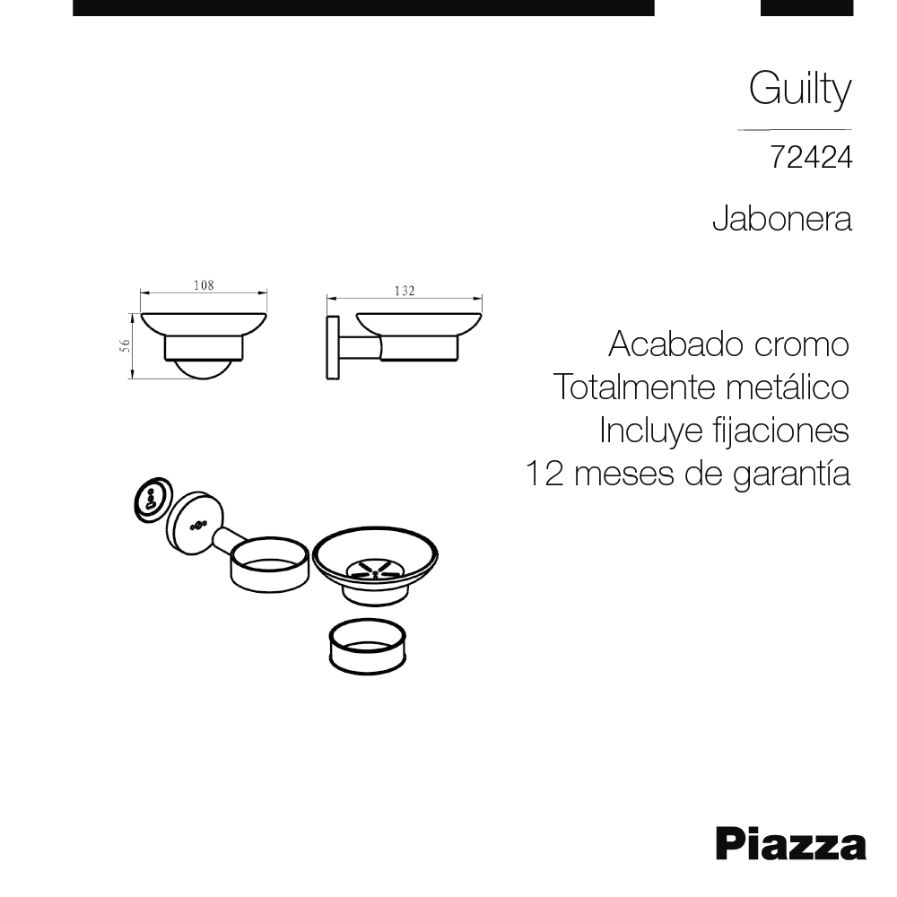 JABONERA VIDRIO BAÑO PIAZZA GUILTY - CROMADO - 1 AÑO DE GARANTIA