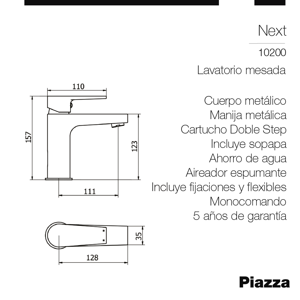 GRIFERIA DUCHA MONOCOMANDO EMBUTIR PIAZZA NEXT - CON TRANSFERENCIA - 5 AÑOS DE GARANTIA