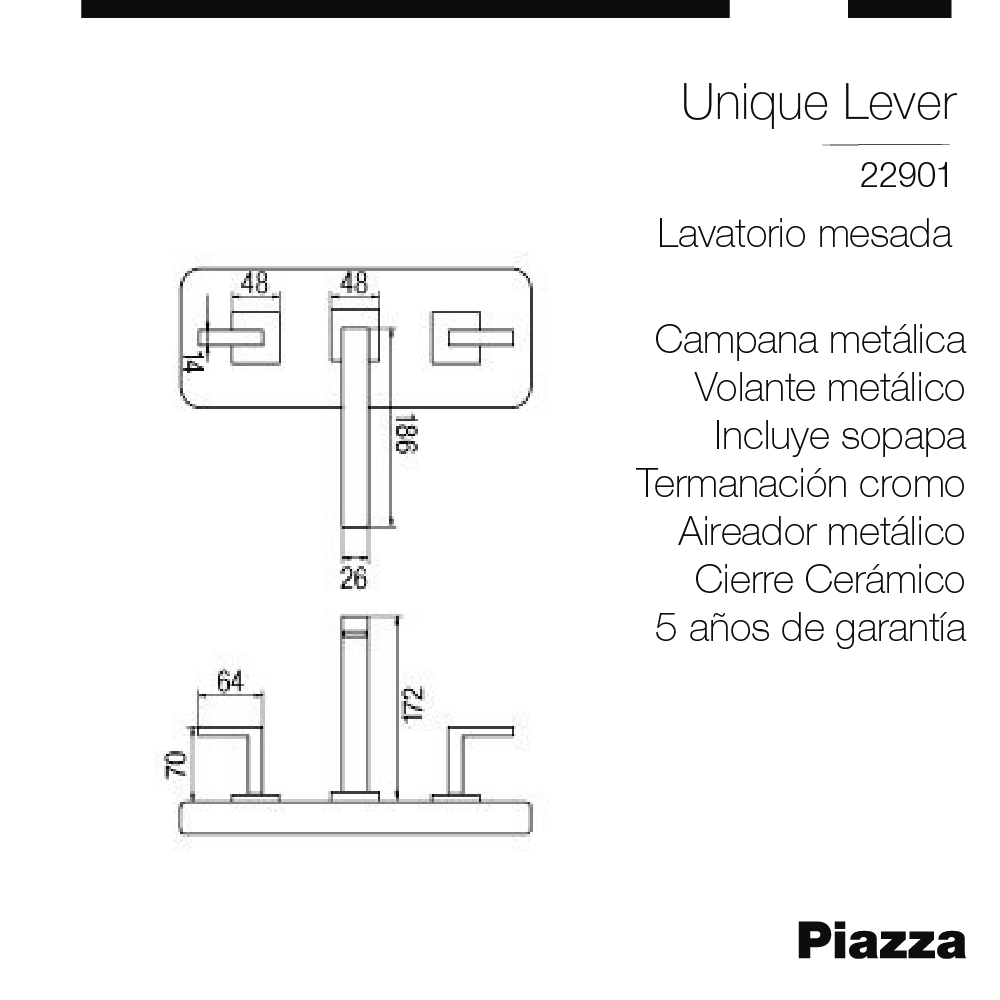 GRIFERIA LAVATORIO MESADA PIAZZA UNIQUE - 5 AÑOS DE GARANTIA