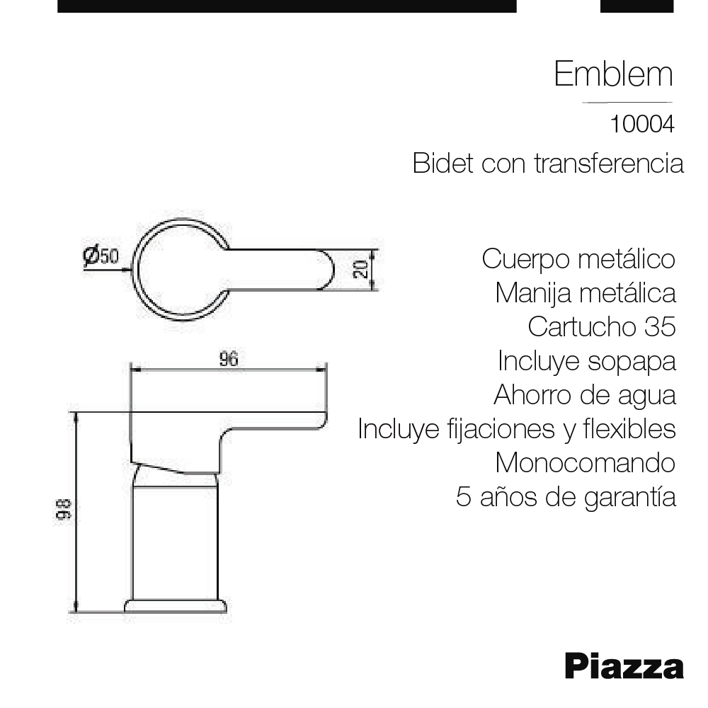 GRIFERIA BIDET MONOCOMPANDO BAÑO PIAZZA EMBLEM - CON TRANFERENCIA - 5 AÑOS DE GARANTIA [10004]