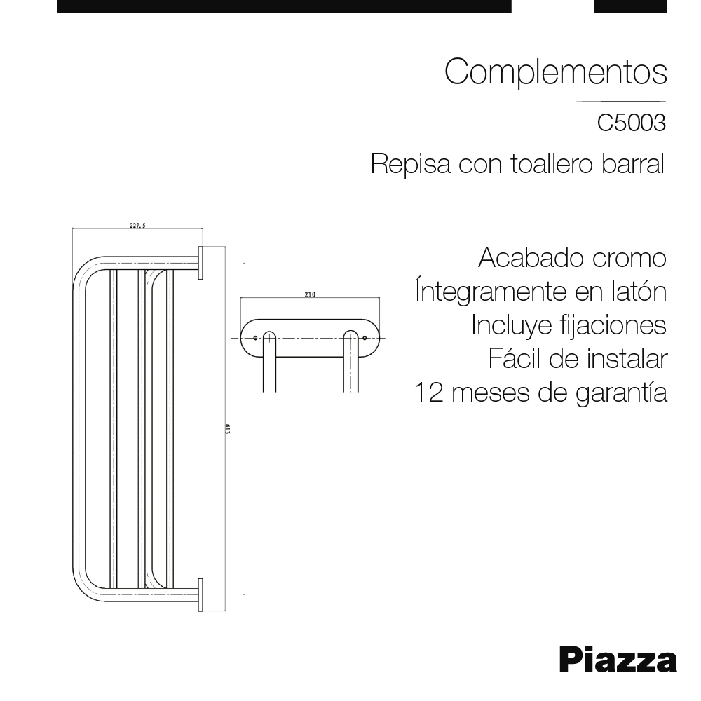 REPISA BAÑO CON TOALLERO BARRAL PIAZZA - CROMADO - 1 AÑO DE GARANTIA [C5003]