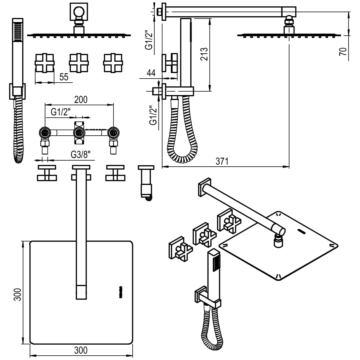 GRIFERIA BICOMANDO DUCHA 2 VIAS CON TRANSFERENCIA CON DUCHADOR BLOCK CRUZ CROMO HIDROMET – 10 AÑOS DE GARANTÍA [03463CRCR]