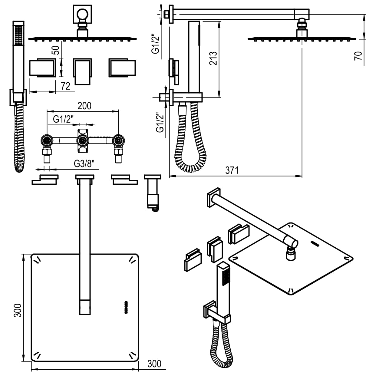 GRIFERIA BICOMANDO DUCHA 2 VIAS CON TRANSFERENCIA CON DUCHADOR BLOCK PLANE BLACK HIDROMET – 10 AÑOS DE GARANTÍA [34053NEGR]